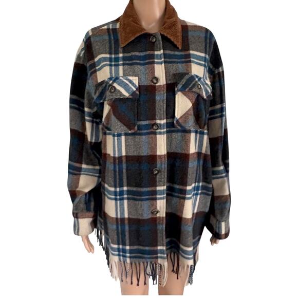 VTG Jordan & Cole USA Plaid Fringes Shacket Wool Blend L Western Barn Country - Picture 1 of 9